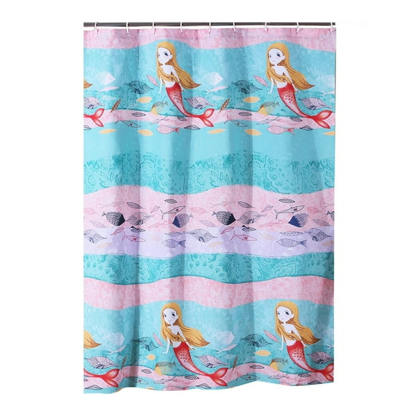 Benjara Wini 72 x 72 Inch Shower Curtain, Mermaid Print, Blue, Pink Polyester