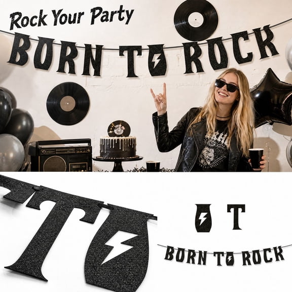 Rock and Roll Party Decorations, Music Themed Birthday Party Supplies for Retro Rocker Bash, Black Party Decor Garland with Glitter Letters, 1 Pack