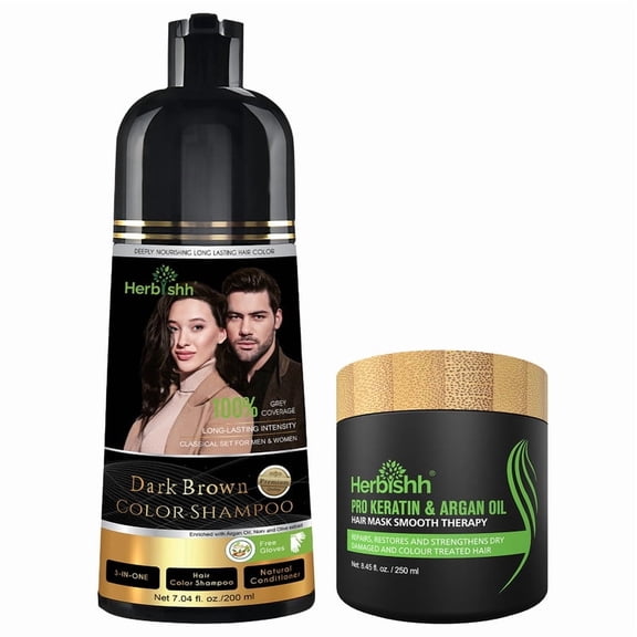 Herbishh Dark Brown Shampoo, Hair Dye Shampoo 3 in 1, 100% Grey Coverage, Demi-Permanent Hair Color for Men & Women, With Hair Mask Cream Combo