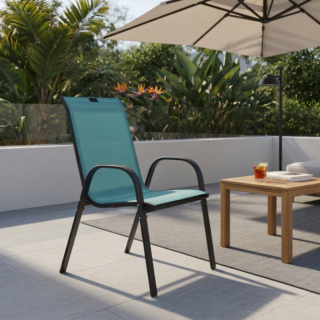 Hommoo 4-Pack Outdoor Patio Chairs with Grey Steel Frame, Stackable, Weather-Resistant Mesh Seating for Deck, Poolside & Backyard, Navy