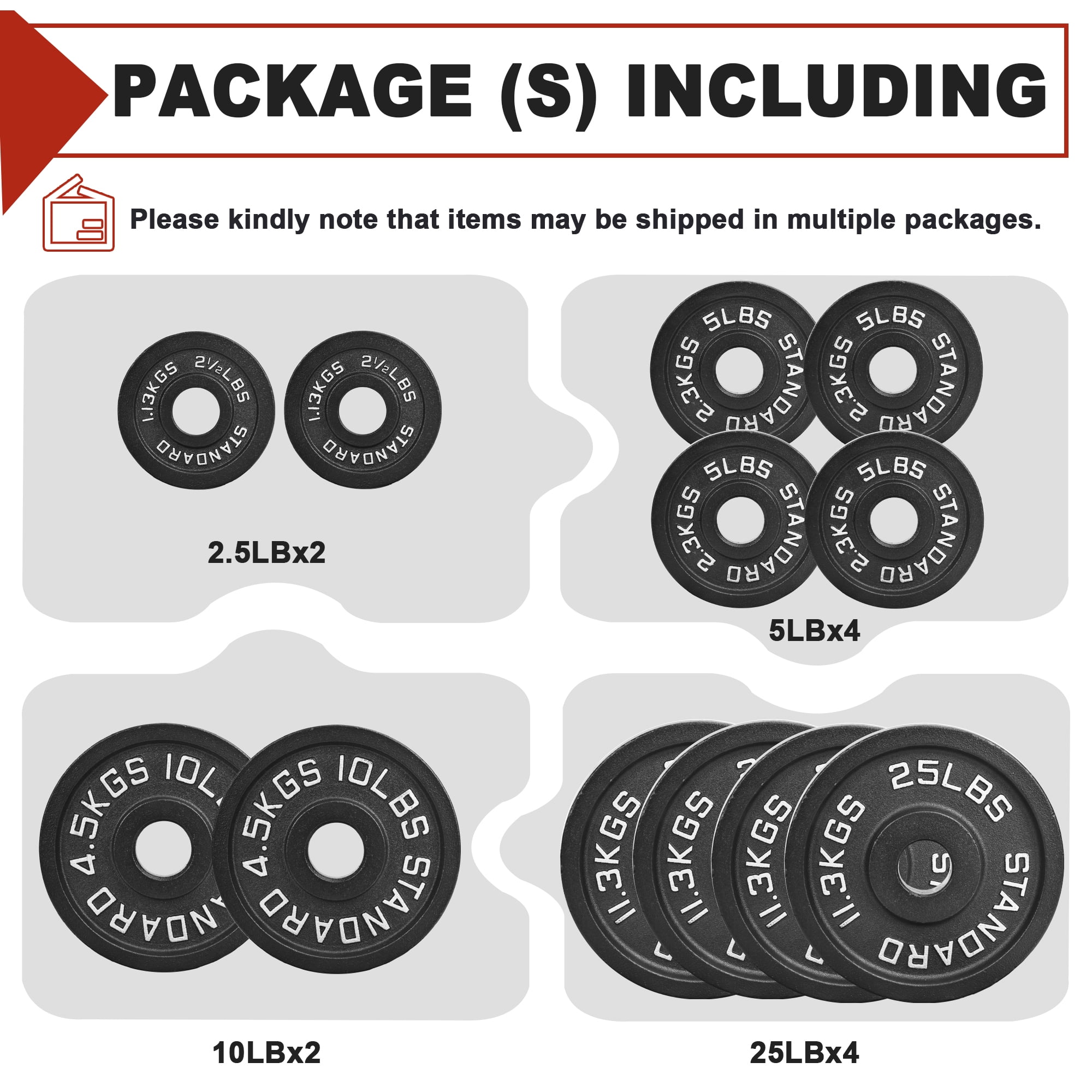 FlexWave 2-Inch Olympic Cast Iron Weight Plates Set – 145LB Total (2x2.5lb, 4x5lb, 2x10lb, 4x25lb) – Perfect for Standard Olympic Barbells