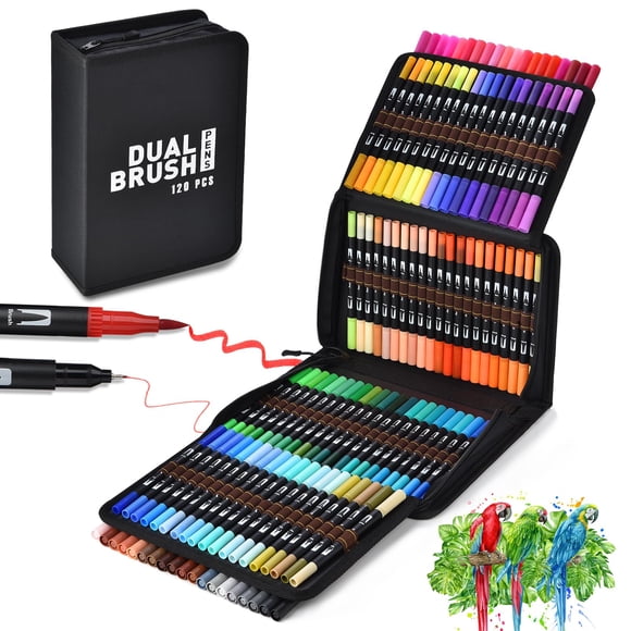 120 Colores Plumones Doble Punta Pencil, POVOLE Marcadores a Base de Agua No Toxico Para Niños y Adultos, Cepillo de Nailon 1-2mm y Punta Fina 0.4mm, Colorear Rotuladores Lettering Dibujar