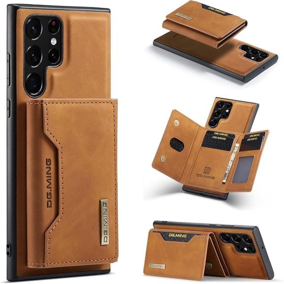 Magnetic Detachable Wallet Vintage Leather Stand Phone Case for Samsung Galaxy S23 S22 S21 S20 Series Ultra Plus Pro FE Back Cover, Card Holder Bracket Anti-Shock Bumper(Tan,S21 Plus)