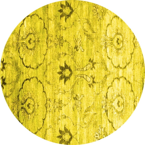 Ahgly Company Machine Washable Indoor Round Abstract Yellow Contemporary Area Rugs, 8' Round