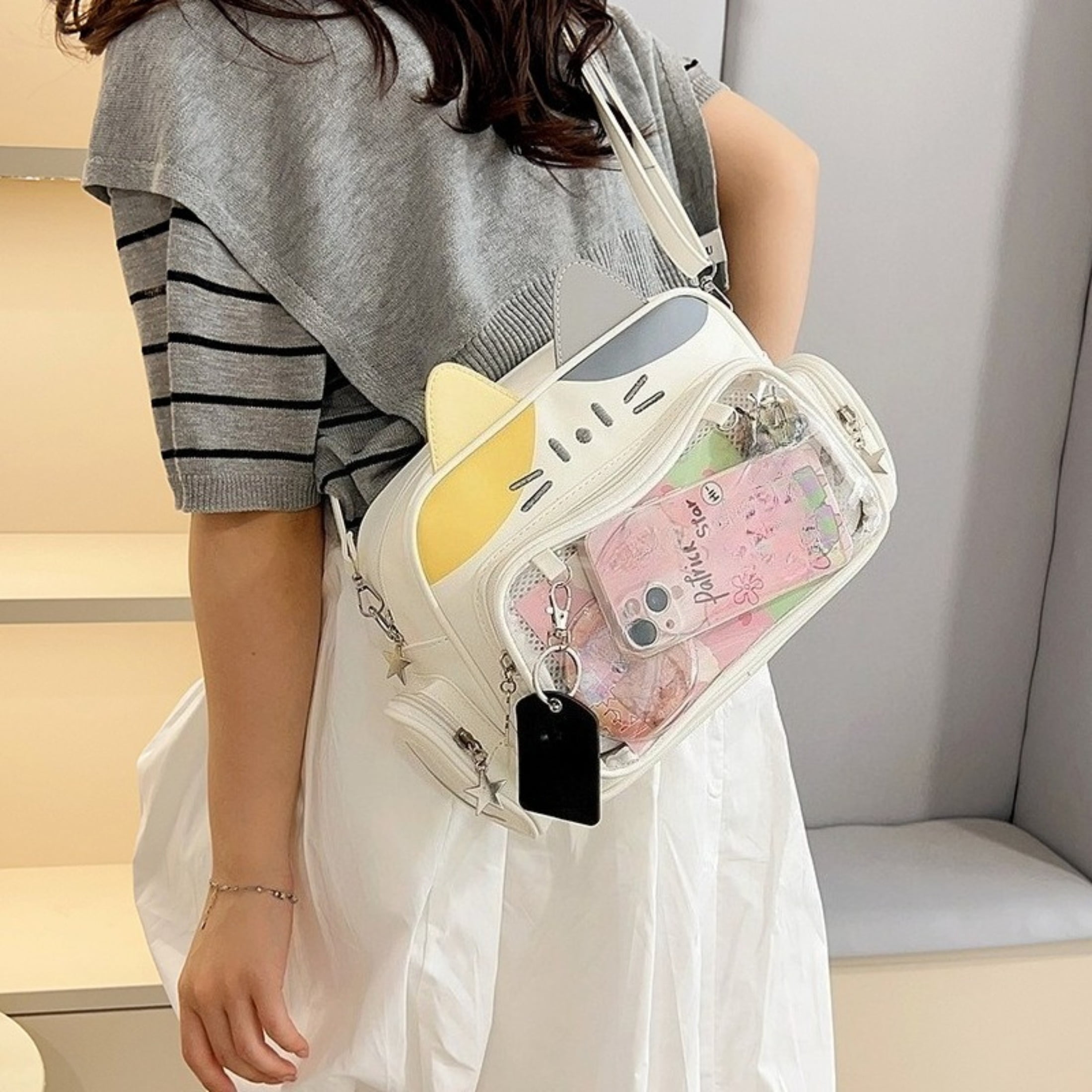 Cat Ita Bag with Clear Window - Kawaii Cat Backpack Purse, PU Leather Pin Display Bag, Adjustable Crossbody Bag for Cosplay, Christmas Halloween Gift