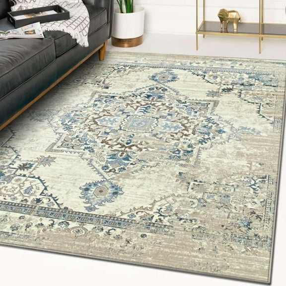 Luxe Weavers Distressed Floral Medallion Cream 8x10 Area Rug