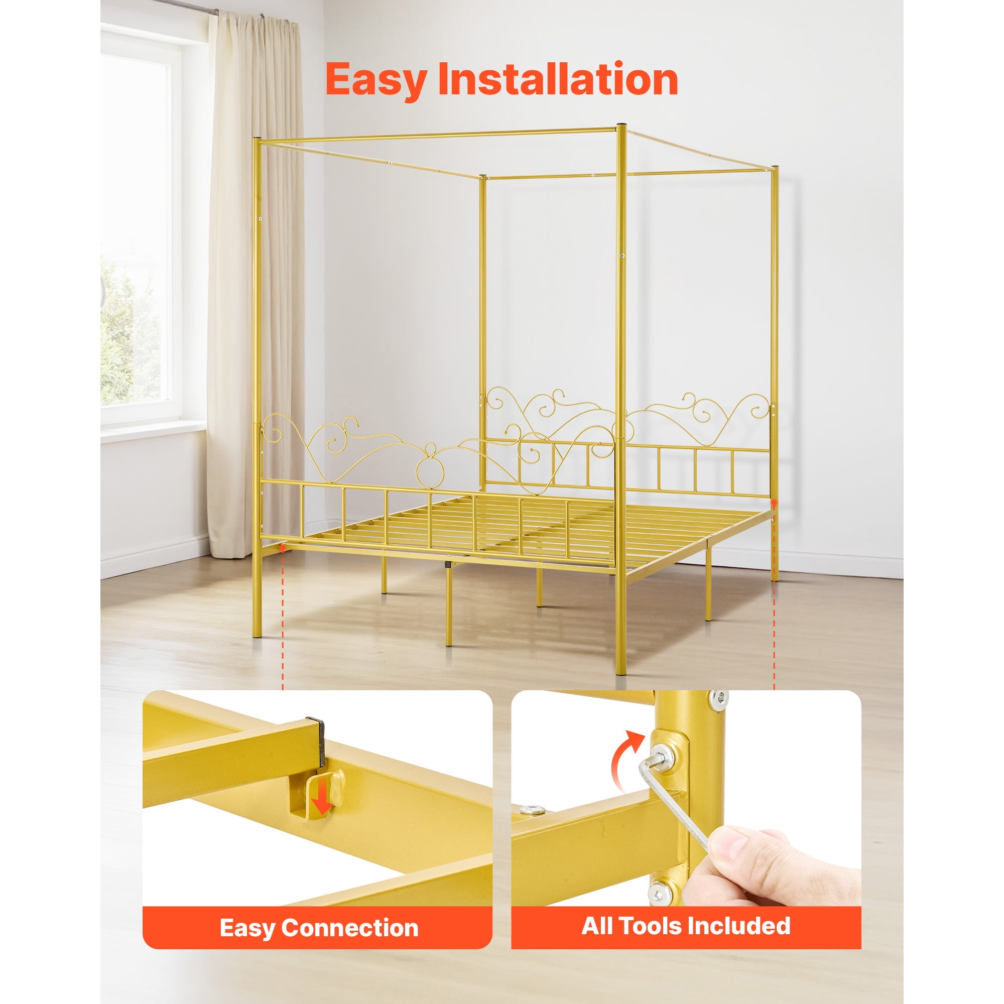 KFFKFF Queen Size Canopy Bed Frame, No Box Spring Requi, Durable Steel Bed Frame with Minimalist Headboard, Ample Underbed Storage, Easy to Assemble