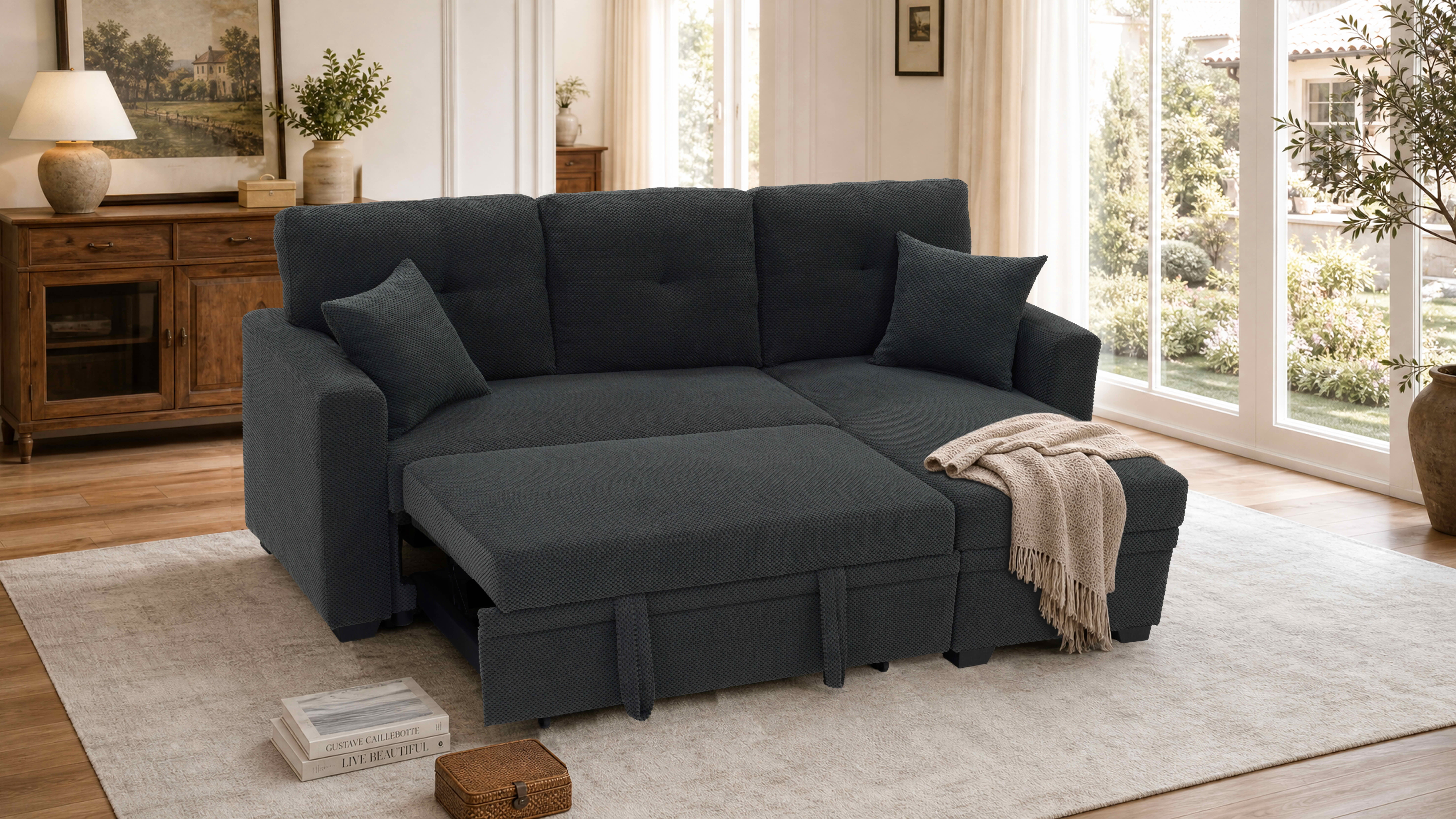 MAYEERTY L‑Shaped Sleeper Sectional Sofa, Convertible Pull‑Out Bed with Reversible Storage Chaise, Dark Gray Breathable Polyester Fabric for Small Living Spaces