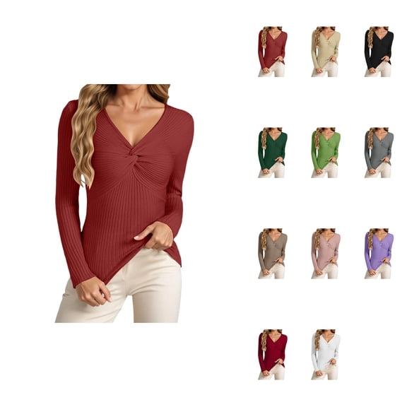 Women's V-Neck Twist Knot Long Sleeve Ribbed Knit Pullover Sweater – Slim Fit, Lightweight, Solid Color for Casual Everyday Wear