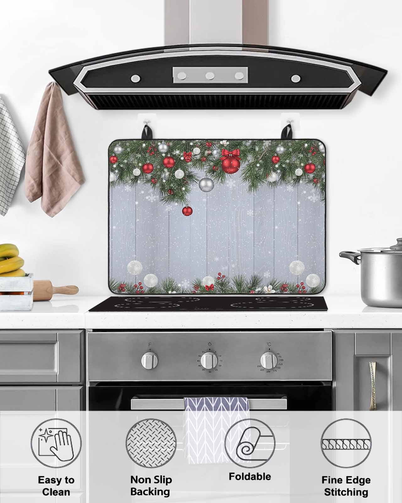 Large Induction Cooktop Protector Mat Christmas Stove Top Covers for Electric Stove, Winter Xmas Balls Pine Branches Wooden Grain Decorative Stove Burner Cover Mats, Glass Top Stove Cover