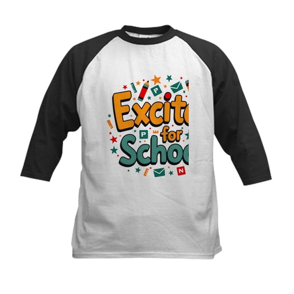 CafePress - Excited For School T Shirt – Fun & Motivational Kids Baseball T Shirt - Kids Cotton Baseball Jersey, 3/4 Sleeve Shirt