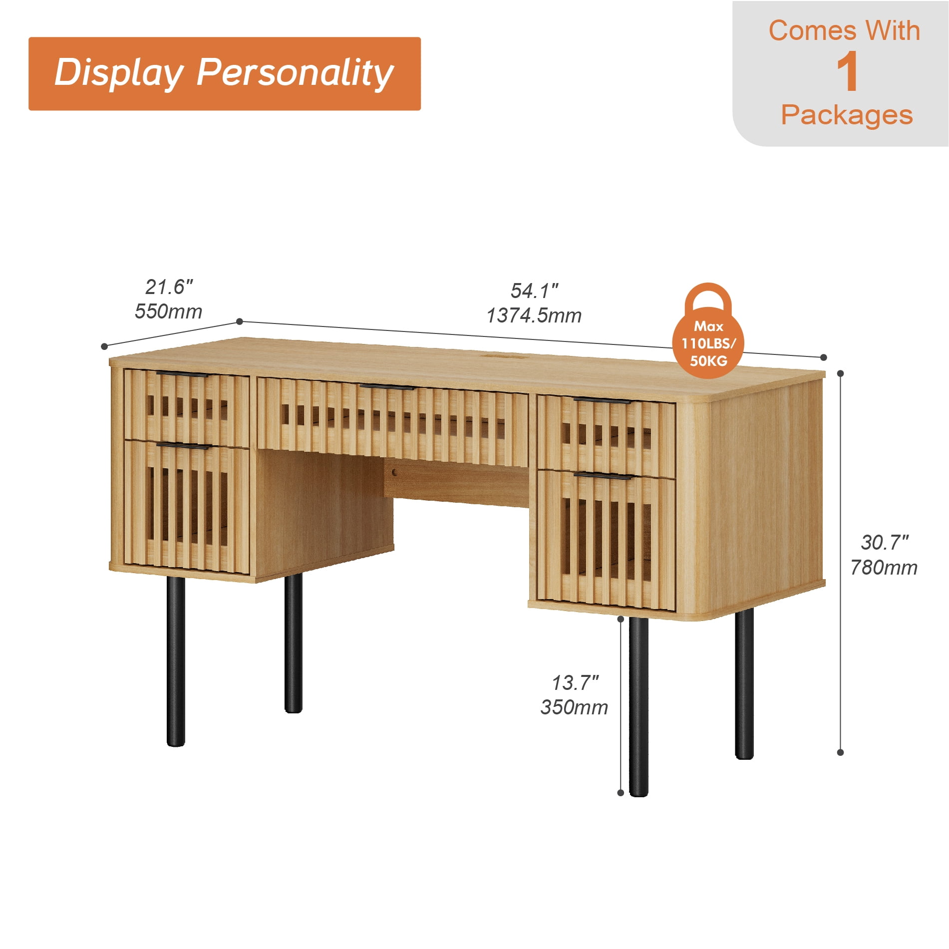 54" Executive Computer Desk with Storage and 5 Drawers for Home Office