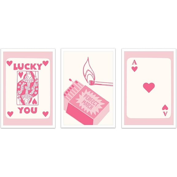 Hieng Set of 3 Pink Poker Posters Trendy Funny Queen Ace of Hearts Lucky You Canvas Wall Art Preppy Girly Inspirational Wall Decor for Dorm Bedroomch