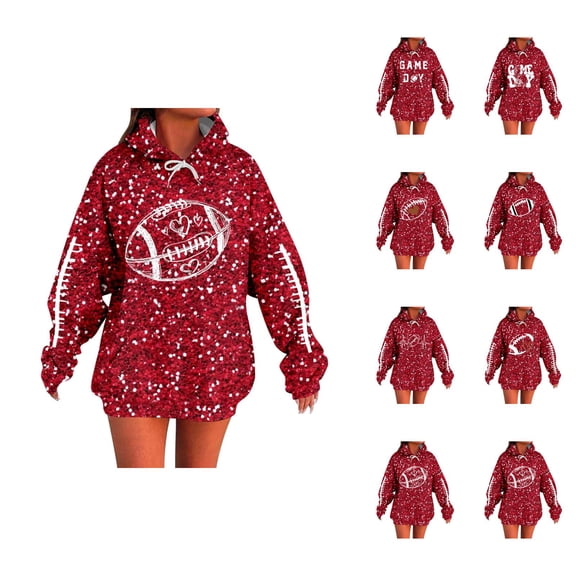 Glitter Sparkle Football Hoodies for Women Fall Winter Casual Sequins Hooded Sweatshirt with Pockets Y2K Pullover Tops