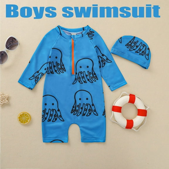 ATOGUTA Toddler Boy Rashguard Sunsuit Swimsuit with Swim Cap Printed Jumpsuit Boys Beach Summer Clothes Blue, Size 1T-6