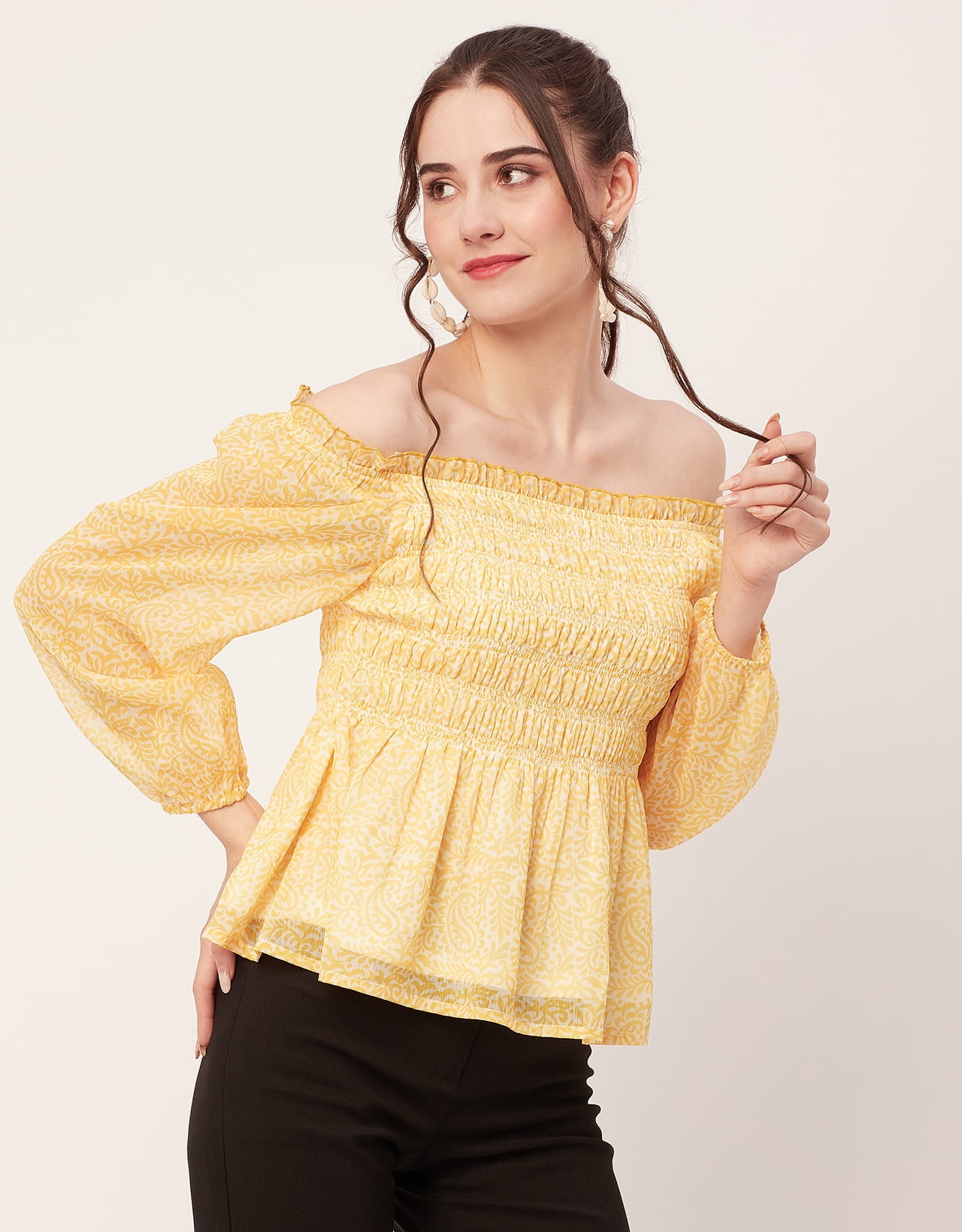 yellow smocked off the shoulder top