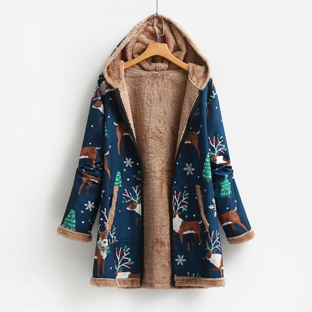 Puntoco Chaqueta De Mujer Moda Informal para Mujer Navidad Árbol De Navidad Estampado De Ciervos Felpa Cálida Chaqueta De Manga Larga Abrigo Largo con Capucha Liquidación De Navidad Puntoco Puntoco-4906