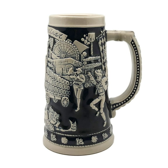 Oktoberfest Haus Blue Ceramic Munich Oktoberfest Beer Wagon Scene Beer Stein .75 Ltr