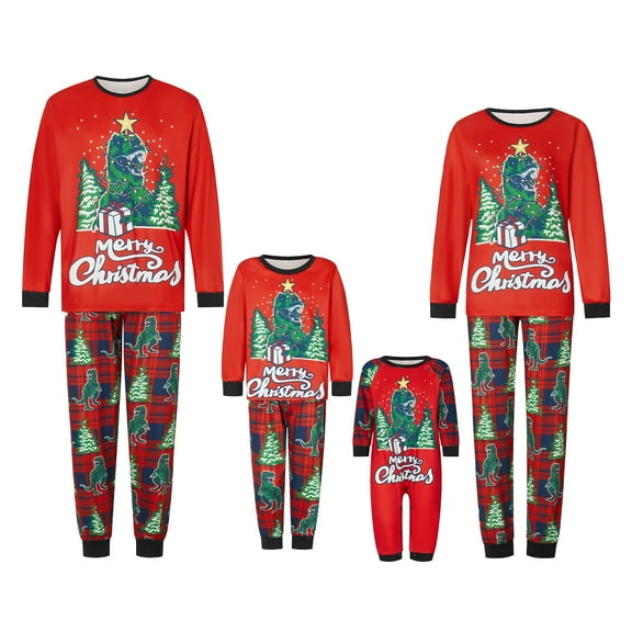 Family Matching Christmas Pajamas, Baby Romper/Letter Christmas Tree Dinosaur Print Long Sleeve Tops Plaid Pants Sleepwear Set
