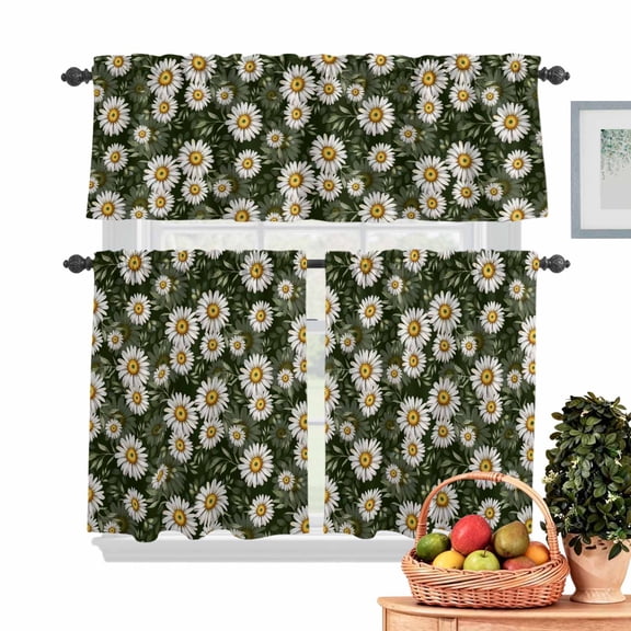 Daisies Flowers Kitchen Curtains Valances 3 Piece Set, Idyllic Leaves Green Background Rod Pocket Tier Curtain and Valance Drapes for Small Window 36 Inch Length for Bedroom Cafe