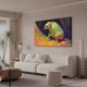 thumbnail image 3 of Una criatura parecida a un ratón adornada en amarillo y verde, se sienta serenamente frente a un fondo vívido de tonos púrpura, naranja y azul. Póster de lienzo para decoración de dormitorio, paisaje, 3 of 8