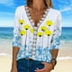 thumbnail image 4 of Blusa de manga 3/4 Top Escote en V Blusa informal con ribete de encaje ajustada Camisa para mujer Citas de verano Amarillo S, 4 of 7