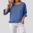 thumbnail image 3 of Towmus Womens 3/4 Sleeve Tops Knit Cotton Ladies Blouses Crew Neck T Shirts for Women Loose Fit Ruffle Sleeve Tunic Tops, 2XL, Dark Blue, 3 of 8