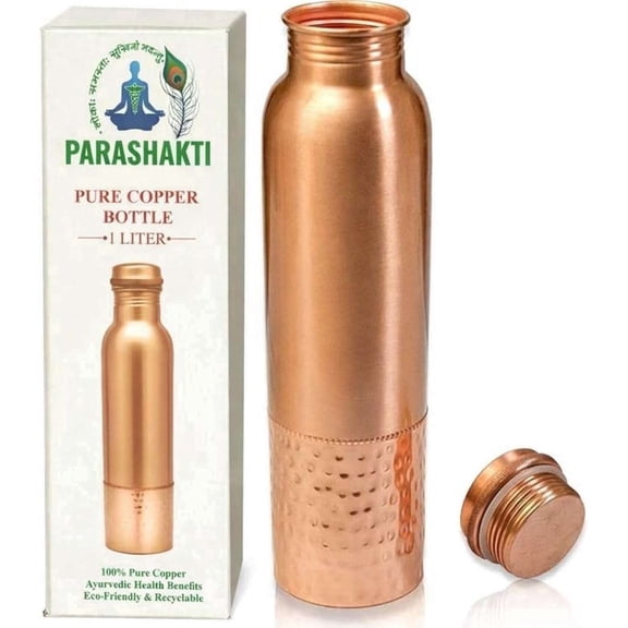 Copper Water Bottle for Drinking 34 oz Extra Large - Premium Handcrafted Ayurvedic Pure Copper Vessel - Drink More Water - Wide Mouth with Leak Proof Lid - BPA Free, Reusable