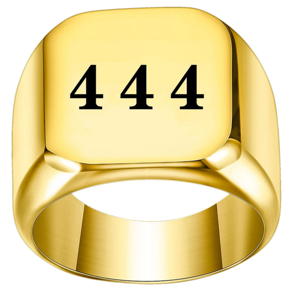 PAMTIER Men's Stainless Steel 18mm Square Engraved Numbers Signet Rings Heavy Chunky Polished Band Vintage Personalized Custom Statement Jewelry for Everyday Wear Gold Plated 444 Size 11
