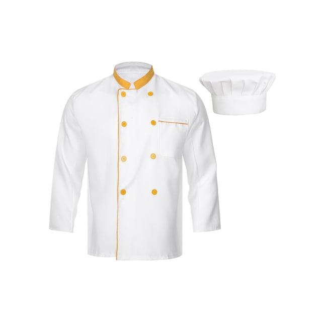 Sywiyi Unisex Chef Coat Mens Long Sleeve Double-breasted Restaurant Kitchen Cooking Chef Top With Hat Yellow 3XL