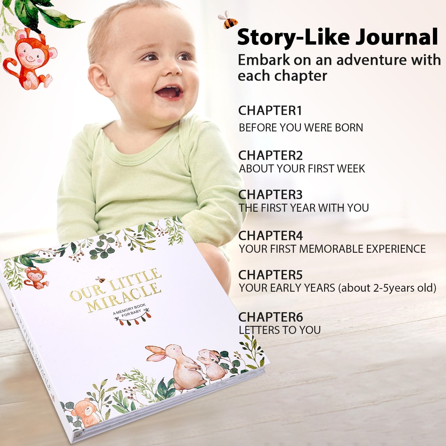 TJT Keepsake Baby Books for Newborn Baby Memory, First 5 Years Baby Memory Record Book Gift, 124 Pages Baby Album, Rabbit, Brown