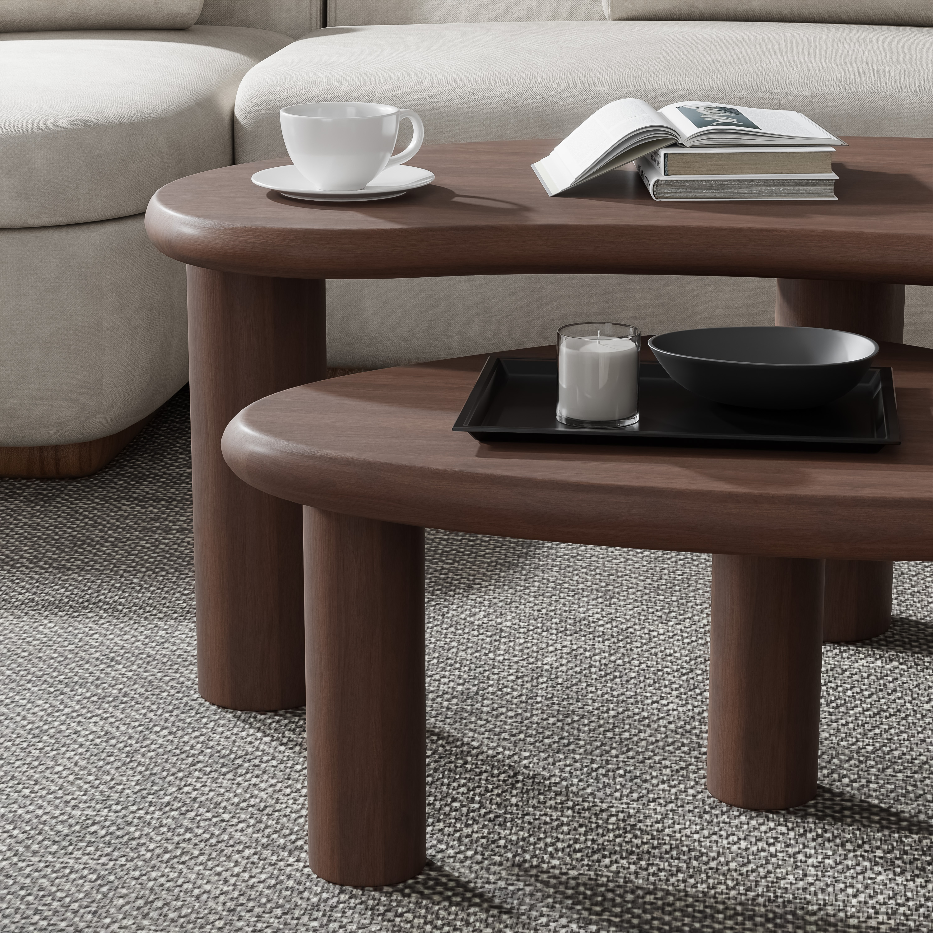 MAYEERTY 48" Cashew - Shaped Coffee Table Set, Modern Solid Wood Irregular Side Table for Living Room, Walnut