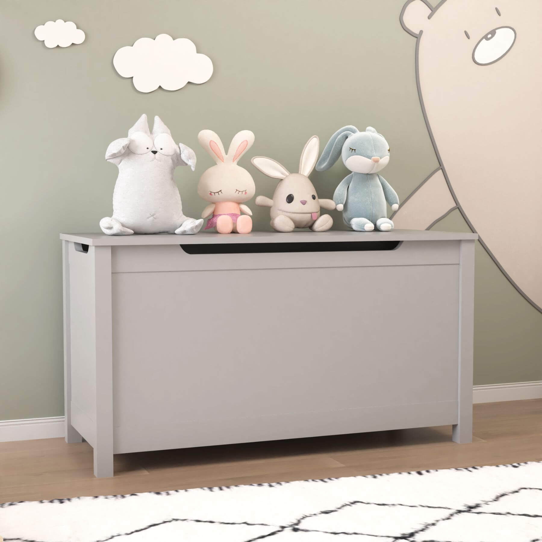 MOONRIVER Kids Wooden Toy Box Storage with Safety Hinged Lid, Grey