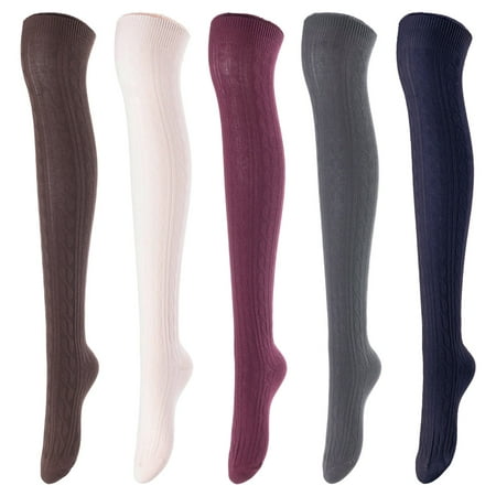 

Lovely Annie Women s 5 Pairs Incredible Durable Super Soft Unique Over Knee High Thigh High Cotton Socks Size 6-9 A1024Coffee Beige Wine DG Navy
