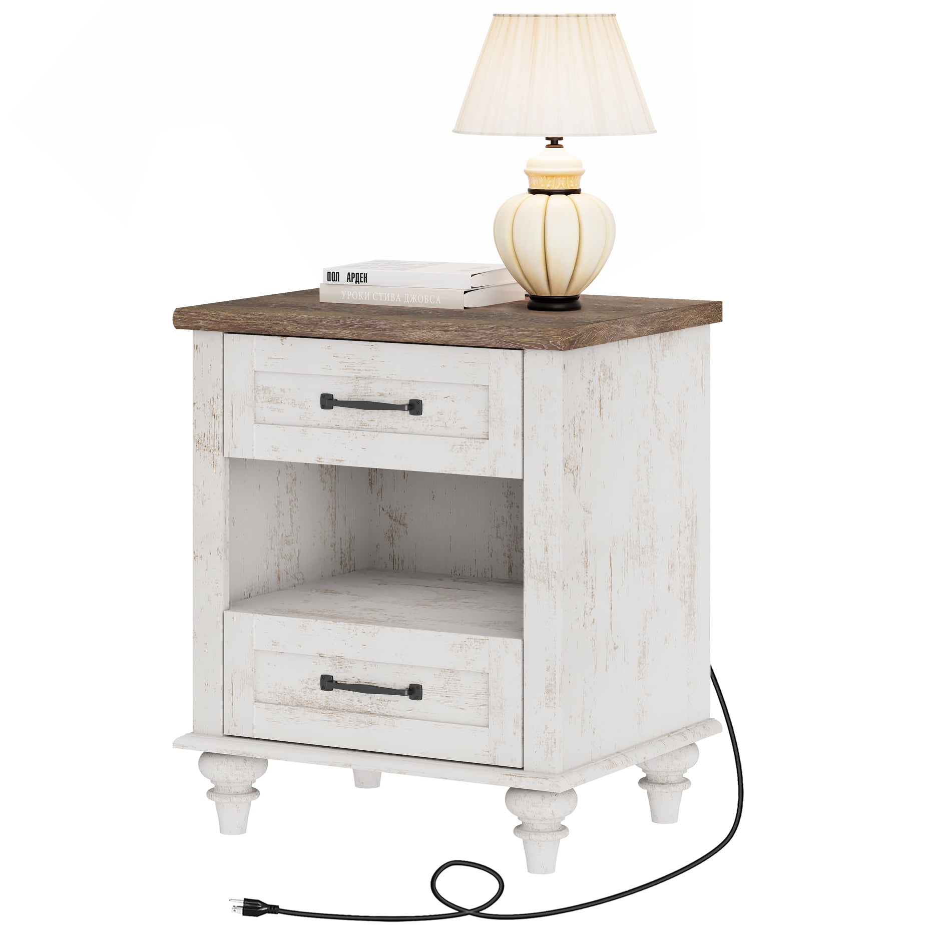 Side Table with 2 Drawers & Open Shelf, Farmhouse End Table with Charging Station, Wooden Nightstand for Bedroom & Living Room, Antique White