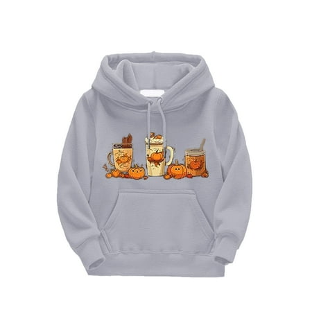 

TIREOW Boy s and Girl s Classic Sweatshirts Children s Sweater Autumn and Winter Cute and Warm Cartoon Pumpkin Beverage Print Long Sleeve Hooded Sweater Party Birthday Hallow-een