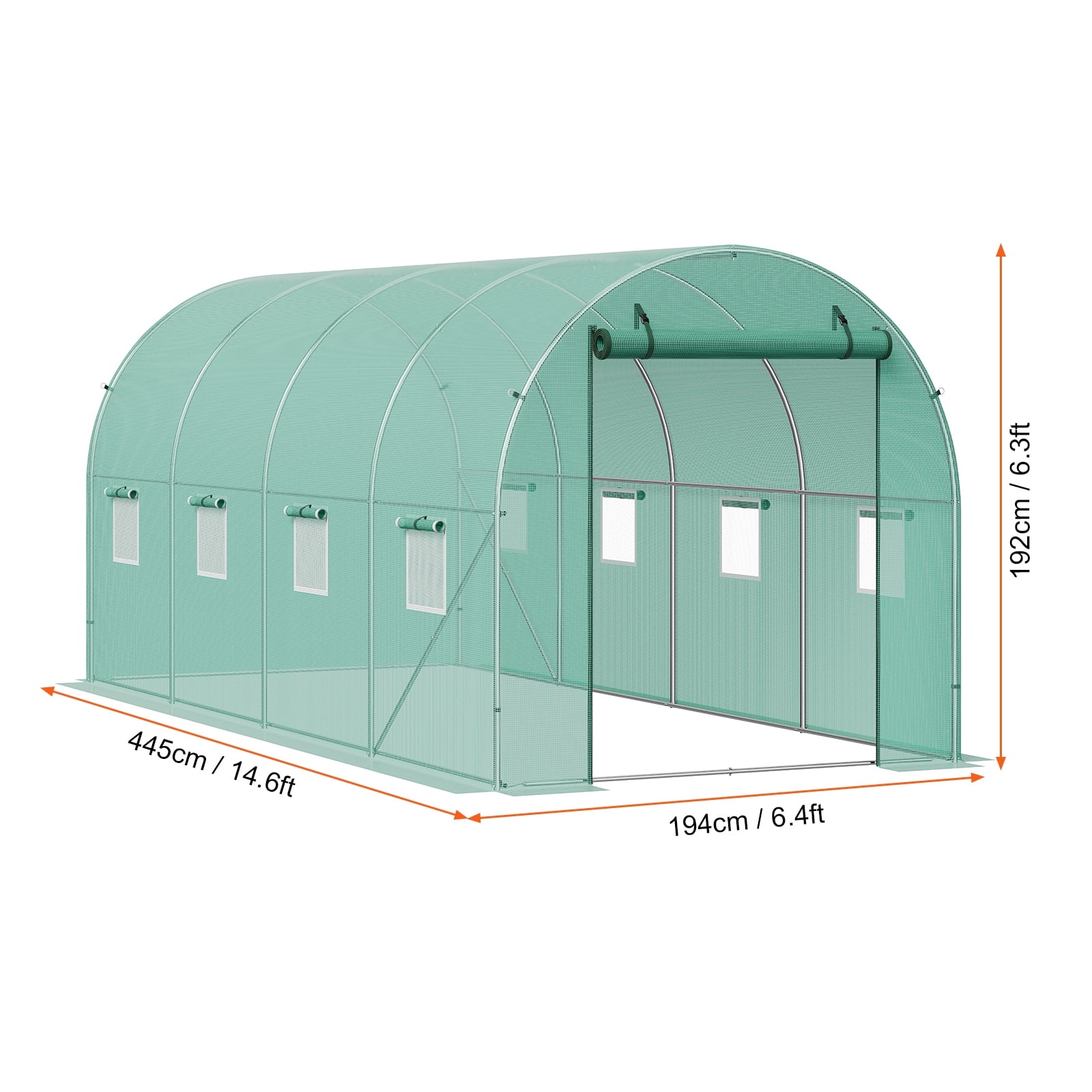 KFFKFF Walk-in Tunnel Greenhouse, 15x7x7 ft, Featuring a Durable Galvanized Steel Frame and Green PE Covering, Equipped with a Roll-up Zipper Door and 8 Ventilation Windows