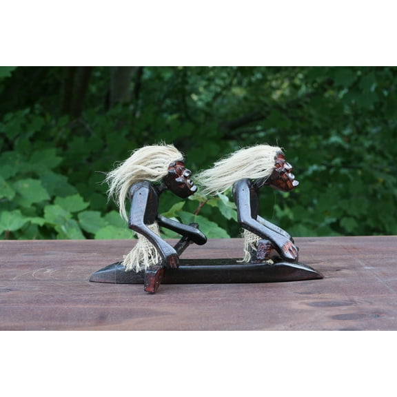 Handmade Wooden Primitive Tribal Tandem Kayaking Figurine Statue Canoe Funny Sculpture Tiki Bar Handcrafted Unique Gift Decor Accent Figurine Hand Carved