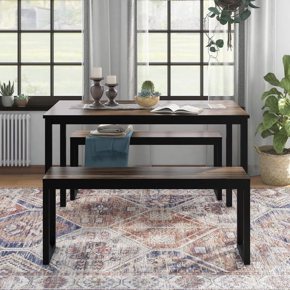 Rhese Wood 3-Piece Dining Table Set, Walnut and Black