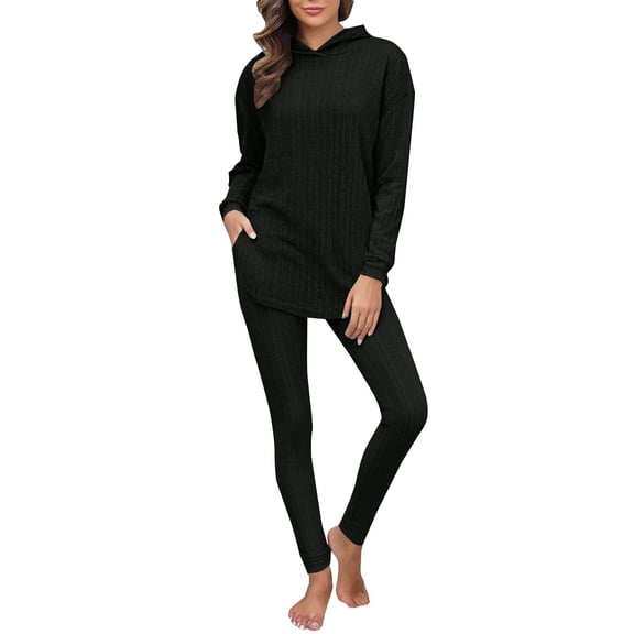 Winter Lounge Sets for Women, Hugcore Women's Casual 2 Piece Outfits Ribbed Knit Set Oversized Lightweight Hoodies and Stretchy Leggings Pants Sets 2 Piece Sweatsuits for Women Black, L