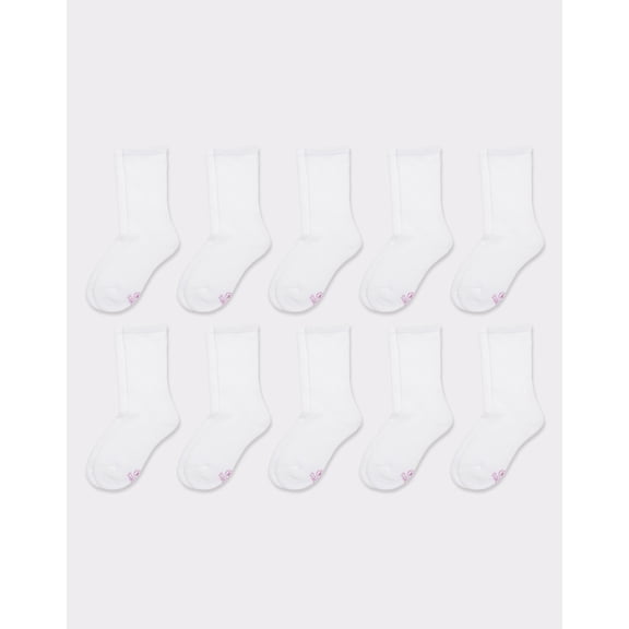 Hanes Girls' White Crew Sock, 10 Pack, Sizes S-L