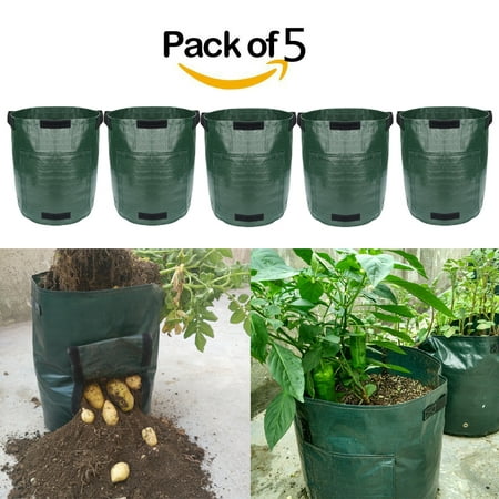 CJCMALL (Pack of 5) Garden Potato Grow Bags 7 Gallon Dark Green PE Material Vegetables Planter Tub with Handles and Access Flap for Red Pontiac (Best Way To Grow Potatoes In Bags)