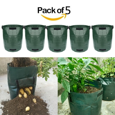 Garden Planter Bags CJCMALL (Pack of 5) Garden Potato Grow Bags 7 Gallon Dark Green PE Material Vegetables Planter Tub with Handles and Access Flap for Red Pontiac Potato ()