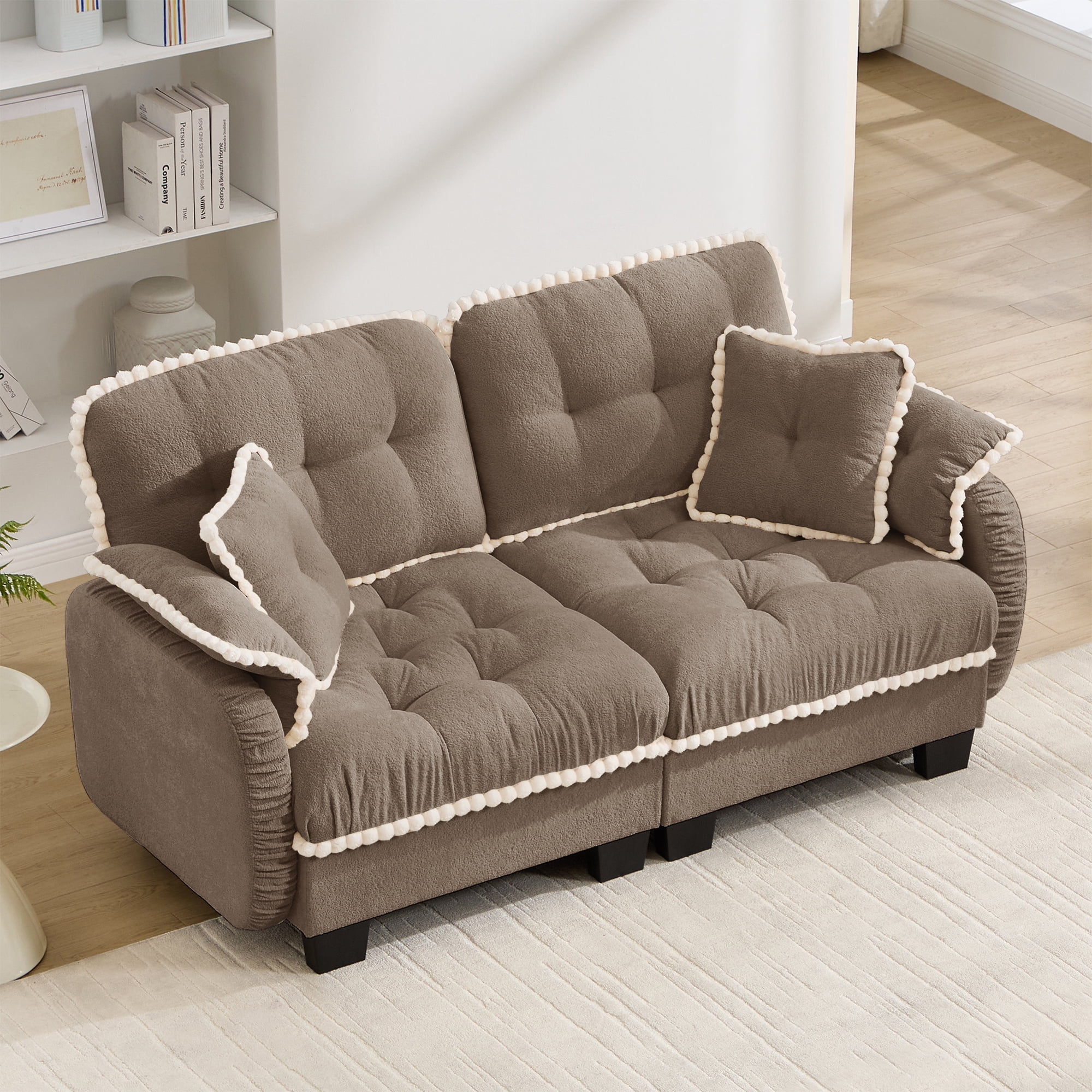 Anpport Modern Aesthetic Brown 2-Seater Sofa, Quilted Tufted Couch with Pom-Pom Trim, Includes 4 Throw Pillows for Small Space, Apartment, Office & Living Room
