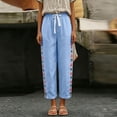 thumbnail image 3 of ZToonmas Solid Floral Embroidery Linen Barrel Pants for Women Drawstring Elastic Waist Loose Ankle Casual Cropped Pants with Side Pockets, 3 of 6