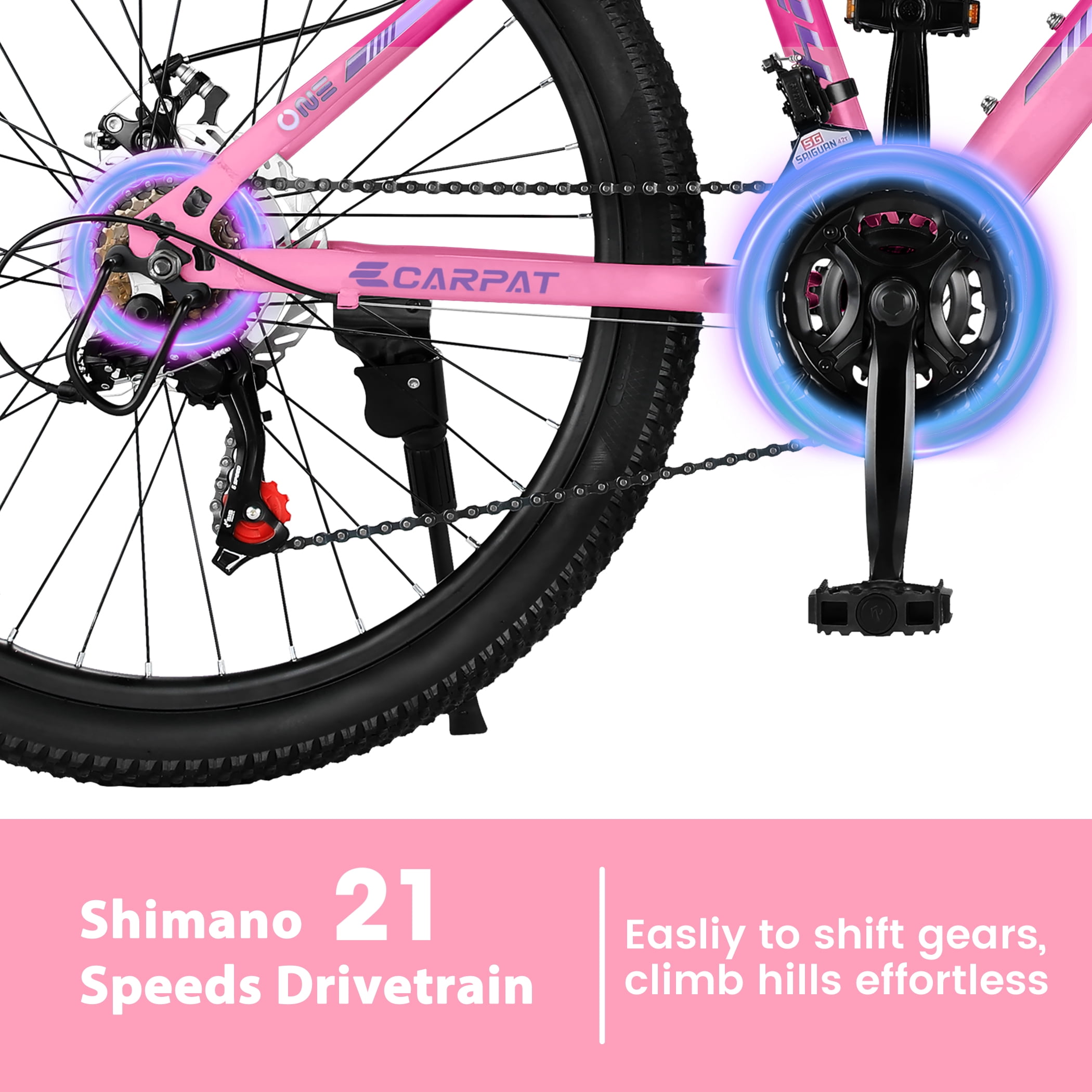 24 inch Girls Women Mountain Bike, 21 Speeds Mountain Bicycle with Steel Frame, Dual Disc Brakes and 100mm Front Suspension, MTB Bike for Urban Trail Snow Commuter, Pink