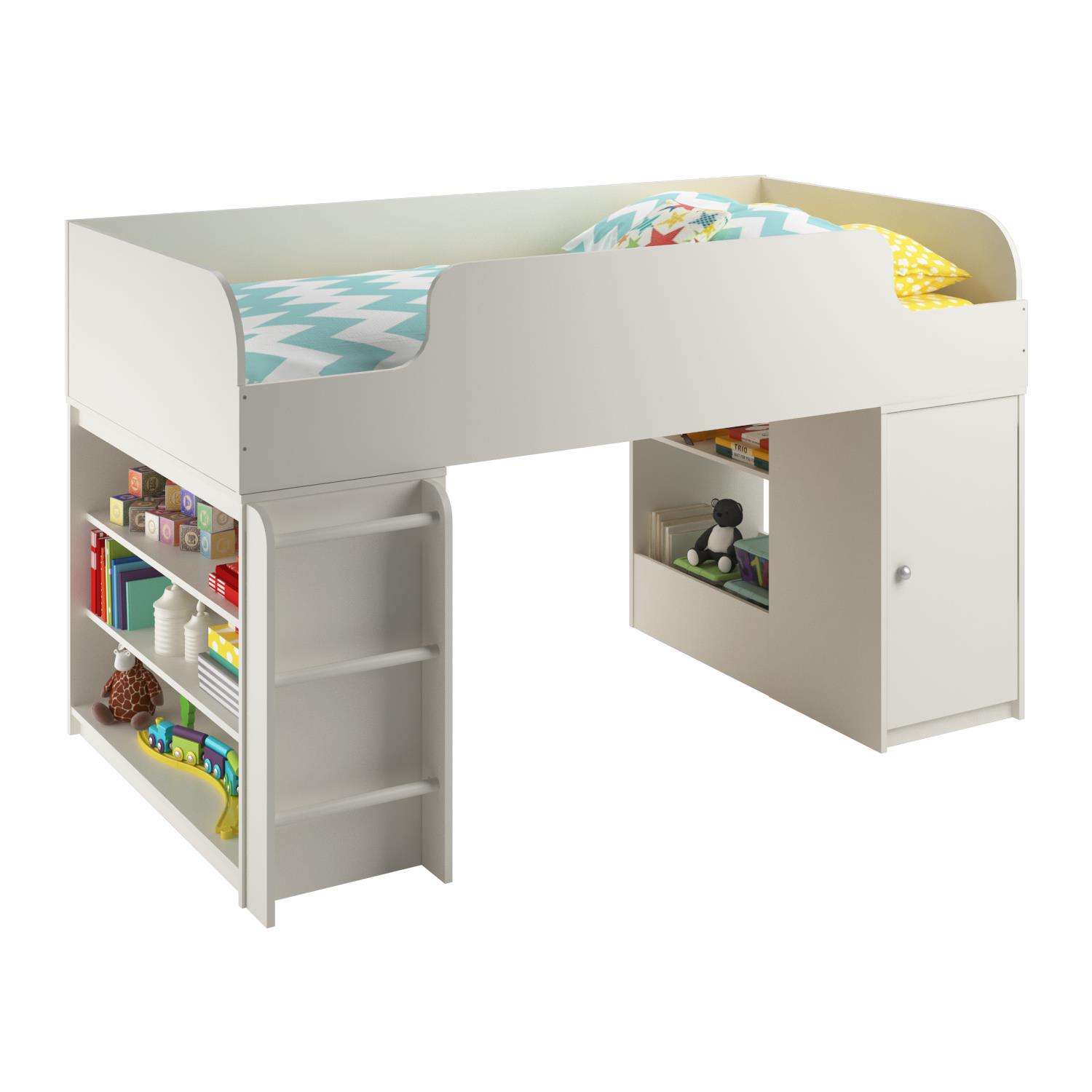 Ameriwood Home Elements Loft Bed with Bookcase and Toy Box Bookcase, White