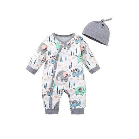 

Pudcoco Baby Jumpsuit Set Elephant Print Long Sleeve Button Romper Beanie Hat