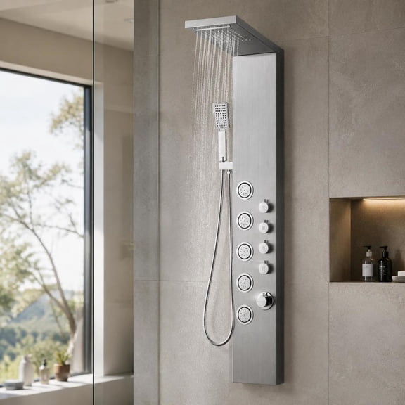 Shower Panel System, with rainfall, waterfall, 5 body massage jets and 3-setting handheld shower head, made of stainless steel