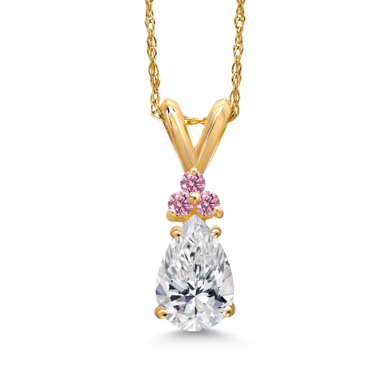Gem Stone King 14K Yellow Gold DEF Lab Grown Diamond and Pink Lab Grown Diamond Pendant Necklace for Women | 0.79 Cttw | Gemstone April Birthstone | Pear Shape 8X5MM | With 18 inch Chain